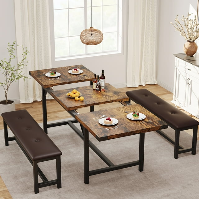 3-Piece Extendable Wooden Dining Table Set for 4-6 People, Stretchable Table with 2 Upholstered Benches,Space-Saving Retro Farmhouse Set for Small Kitchen/Apartment