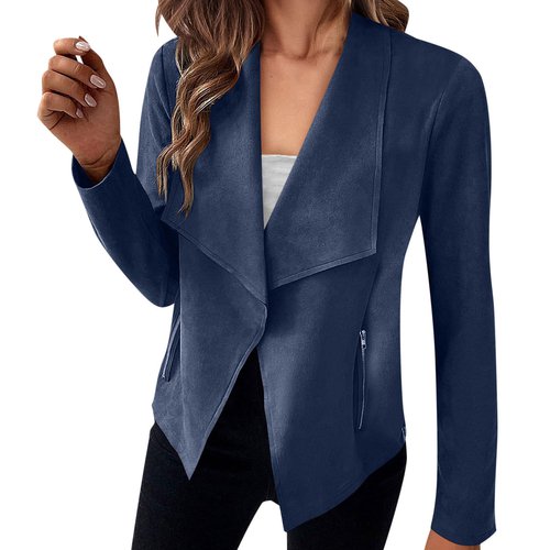 Skymirror Women Jacket Solid Color Loose Zipper Pockets Loose Lapel Vintage Faux Suede Open Stitch Long Sleeve Smooth Windproof Lady Coat