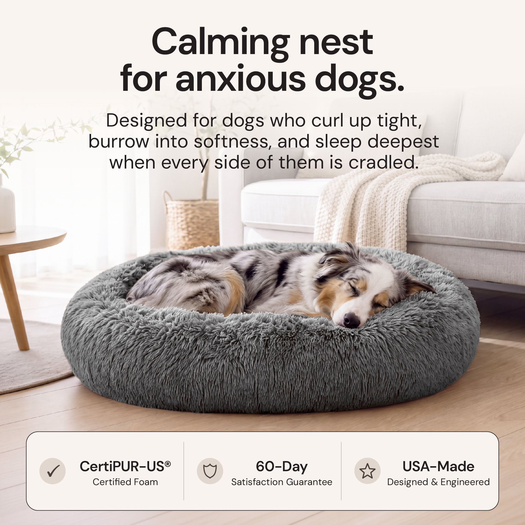 Furhaven 36" Round Calming Donut Dog Bed with Washable & Removable Cover & Bolster - Shaggy Plush Long Faux Fur Ball Bed - Mist Gray, For Dogs Up to 75 lbs, Large