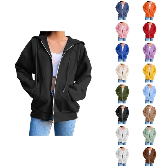 Plain Hoodie for Women with Pockets Long Sleeve Solid Color Full Zipper Sweatshirt Cardigan Coat