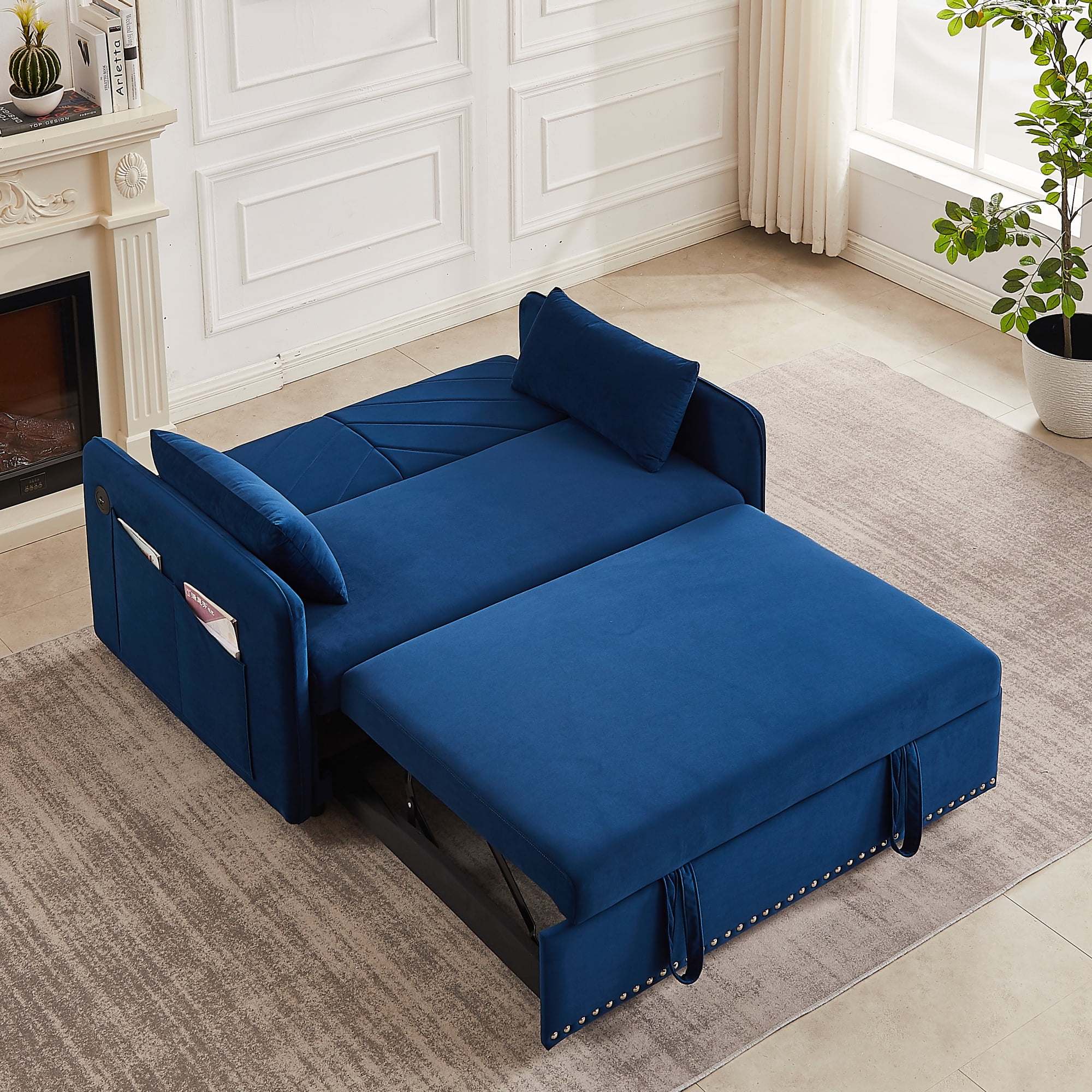 55" Convertible Sleeper Sofa Bed,3 in 1 Convertible Sleeper Loveseat with USB Ports,Modern Velvet Pull Out Sofa Bed with 2 Pillows and Rivet Design for Living Room Furniture,Blue