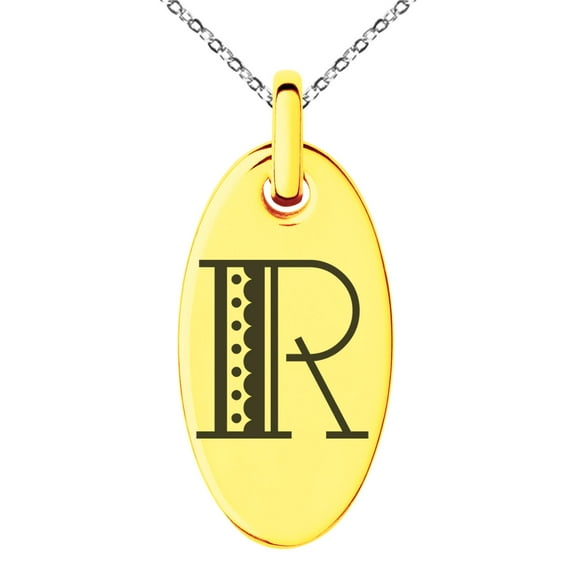 Stainless Steel Letter R Initial Metro Retro Monogram Engraved Small Oval Charm Pendant Necklace