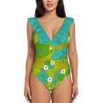 thumbnail image 1 of Green Turquoise And White Retro Flower Pattern One Shoulder Ruffle Swimsuits One Piece Swimsuit Women Swimwear Beach, 1 of 4