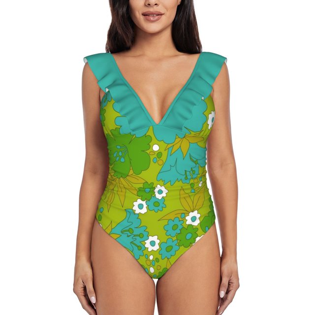 Green Turquoise And White Retro Flower Pattern One Shoulder Ruffle Swimsuits One Piece Swimsuit Women Swimwear Beach