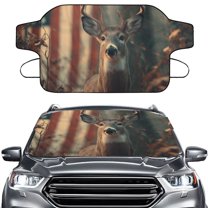 Xoenoiee Deer Forest American Flag Print Windshield Snow Cover Ice Removal Wiper Visor Protector All Weather Winter Summer Auto Sun Shade for Cars Trucks Vans and SUVs