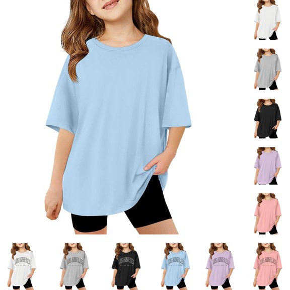 HNMKIU Kids Girls Short Sleeve T Shirts Kids Summer Oversized Tops Casual Crewneck Basic Tees