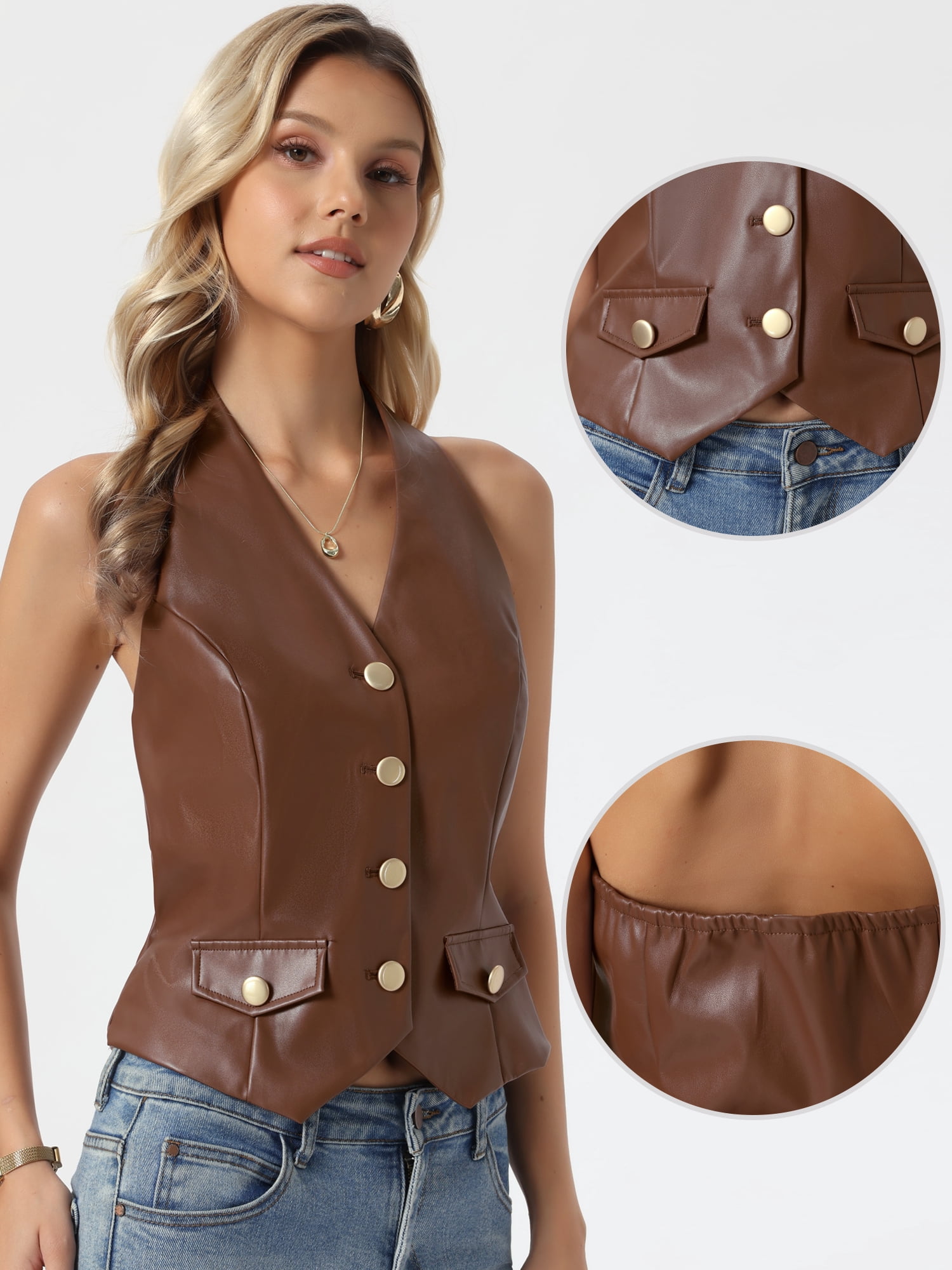 DARING DIVA Women's Faux Leather Vest Button Down V Neck Halter Vest L Brown