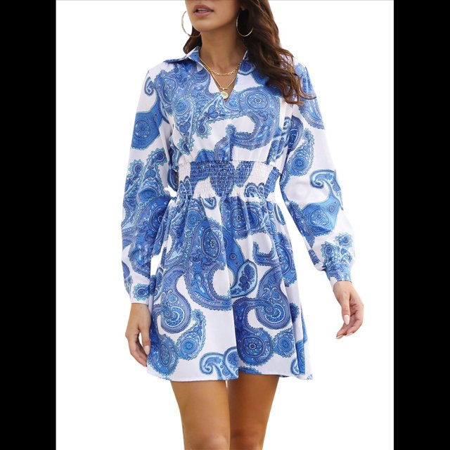 Vestidos de Otoño 2025 para Mujer, Vestido Floral con Escote en V, Cintura Trenzada, Larga, Bohemio, Fluido, Minivestido de Corte A. Azul XL