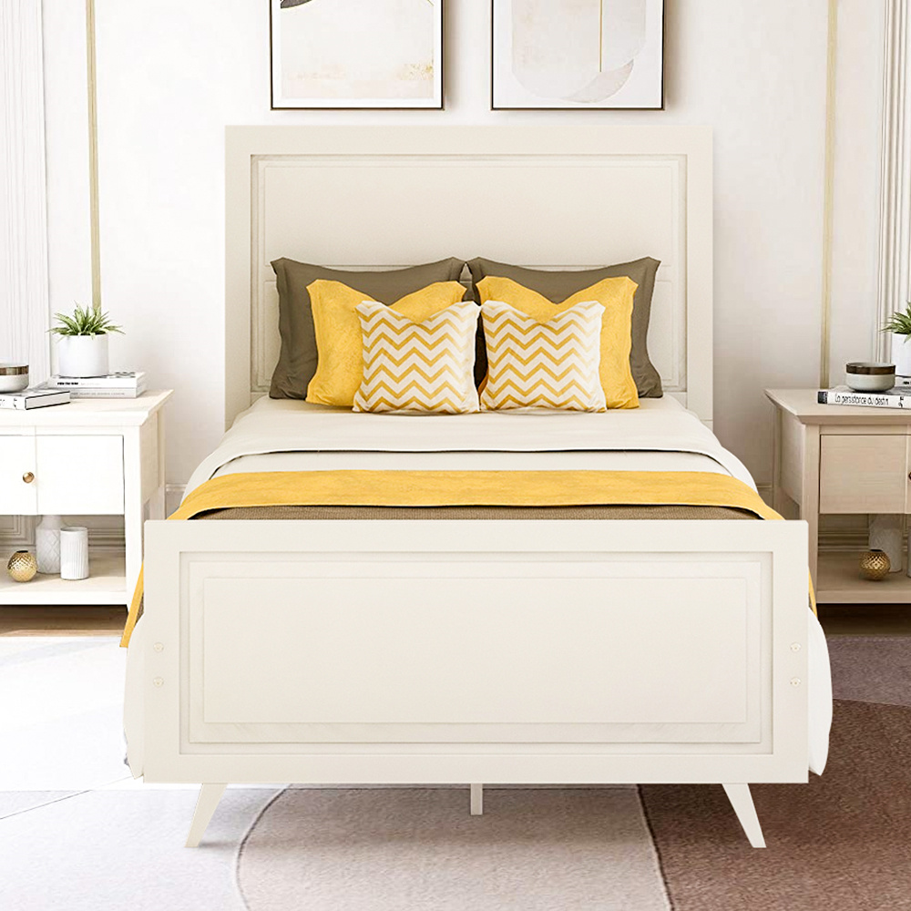 White Twin Bed Frame, Wood Twin Platform Bed Frame with Headboard, Modern Twin Bed Frame