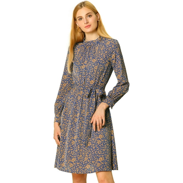 Vestido Floral De Una Línea De Manga Larga Con Columpio Hasta La Rodilla Y Cuello Simulado Para Mujer Azul marino XL