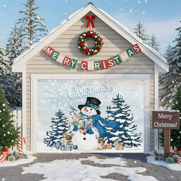 Fsddascl 7 x 8 Ft Christmas Garage Door Cover, Blue Christmas Snowman Large Garage Door Banner, Xmas Tree Elk Gifts Snowflake Ombre Hanging Garage Mural Background for Indoor Outdoor Party Supplies