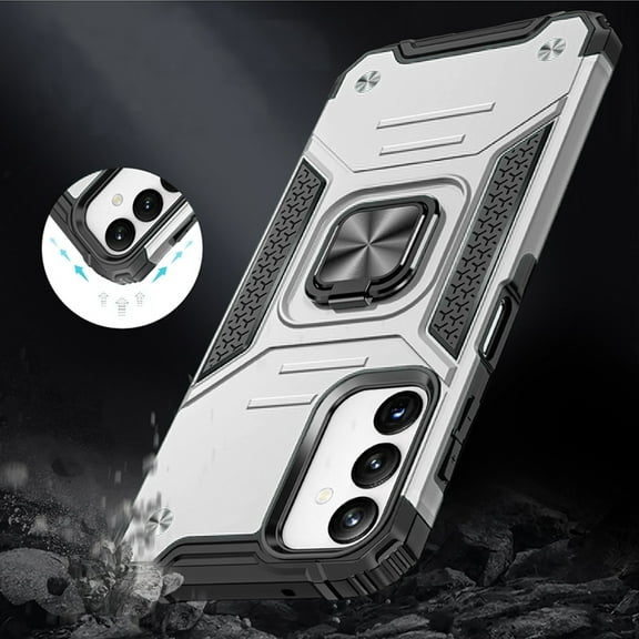 Designed for Samsung Galaxy A25 5G Armor Hybrid with Ring Holder Kickstand Shockproof Heavy-Duty Durable Rugged Dual Layer Phone Case Cover [Silver]