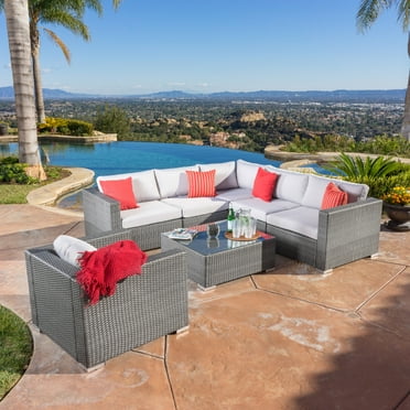 Faviola 6 Seater Outdoor Wicker Sectional Sofa Set with Aluminum Frame and Cushions, Grey, Silver