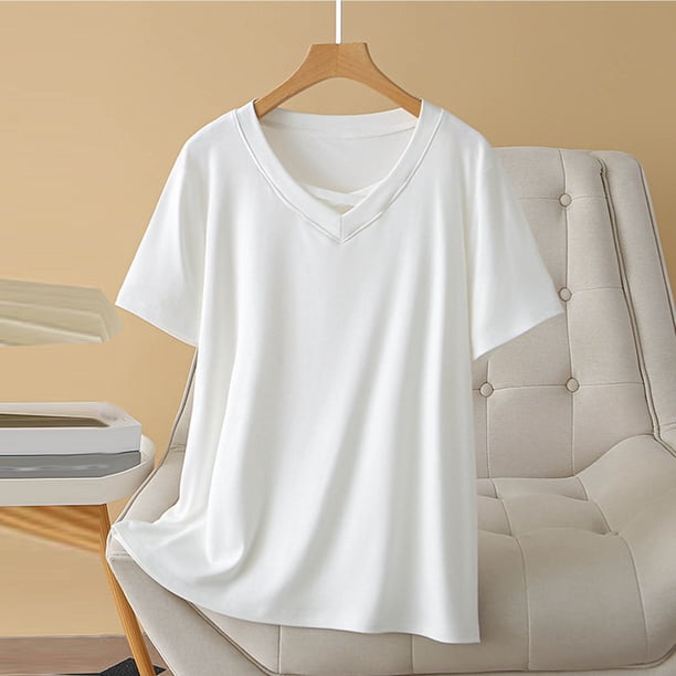 Fiudx Ofertas Flash Del Día Camiseta Holgada de Color Sólido de Talla Grande de Verano para Mujer, Blusas de Manga Corta con Cuello En V