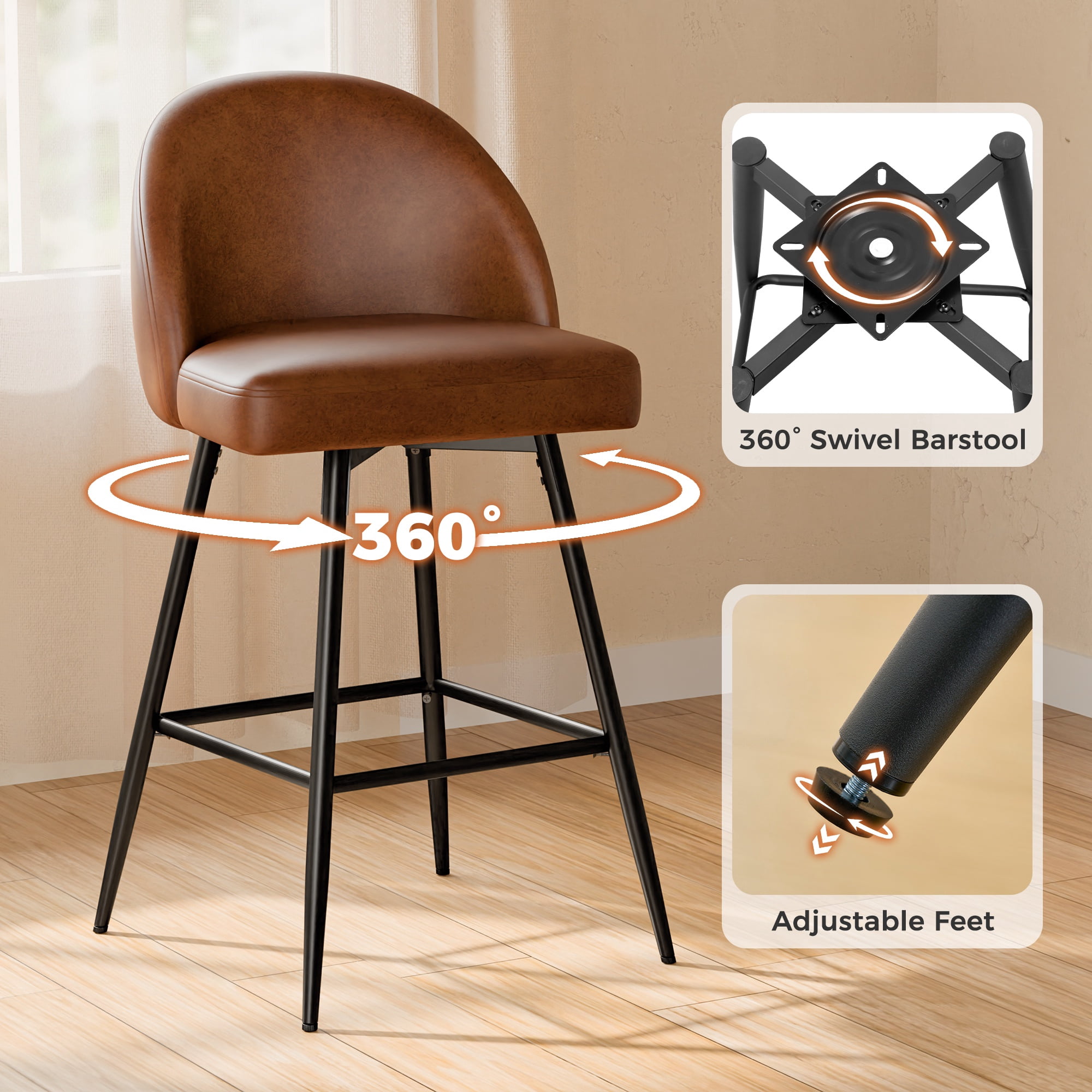 CDCASA Swivel Counter Height Bar Stools Set of 3, 27" Seat Height Modern Barstools with Back and Metal Legs, Upholstered Kitchen Island Chairs, Faux Leather in Brown