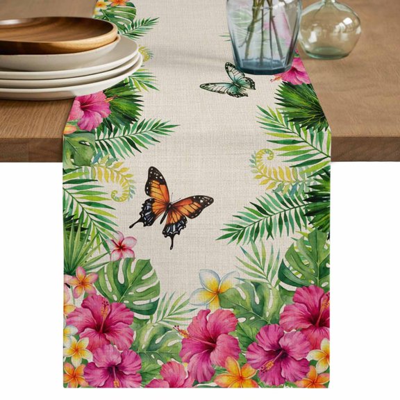 Tropical Spring Table Runner 48 Inches, Floral Leaves Butterflies Burlap Rustic Bed Runner Dresser Scarves Tabletop for Indoor Outdoor Parties/Ceremony/Banquet, 13" x 48"