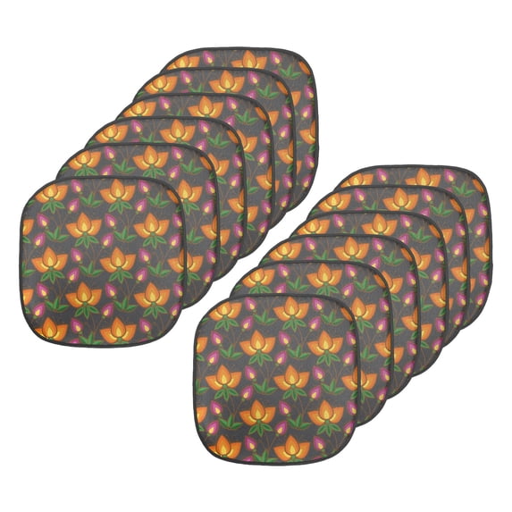 Floral Chair Seating Cushion Set of 12, Flowers Pattern with Leaves and Stems Flourishing Tangerine Violet Tones, Seat Pads with Anti-slip Backing, 16"x16", Mustard and Multicolor, by Ambesonne