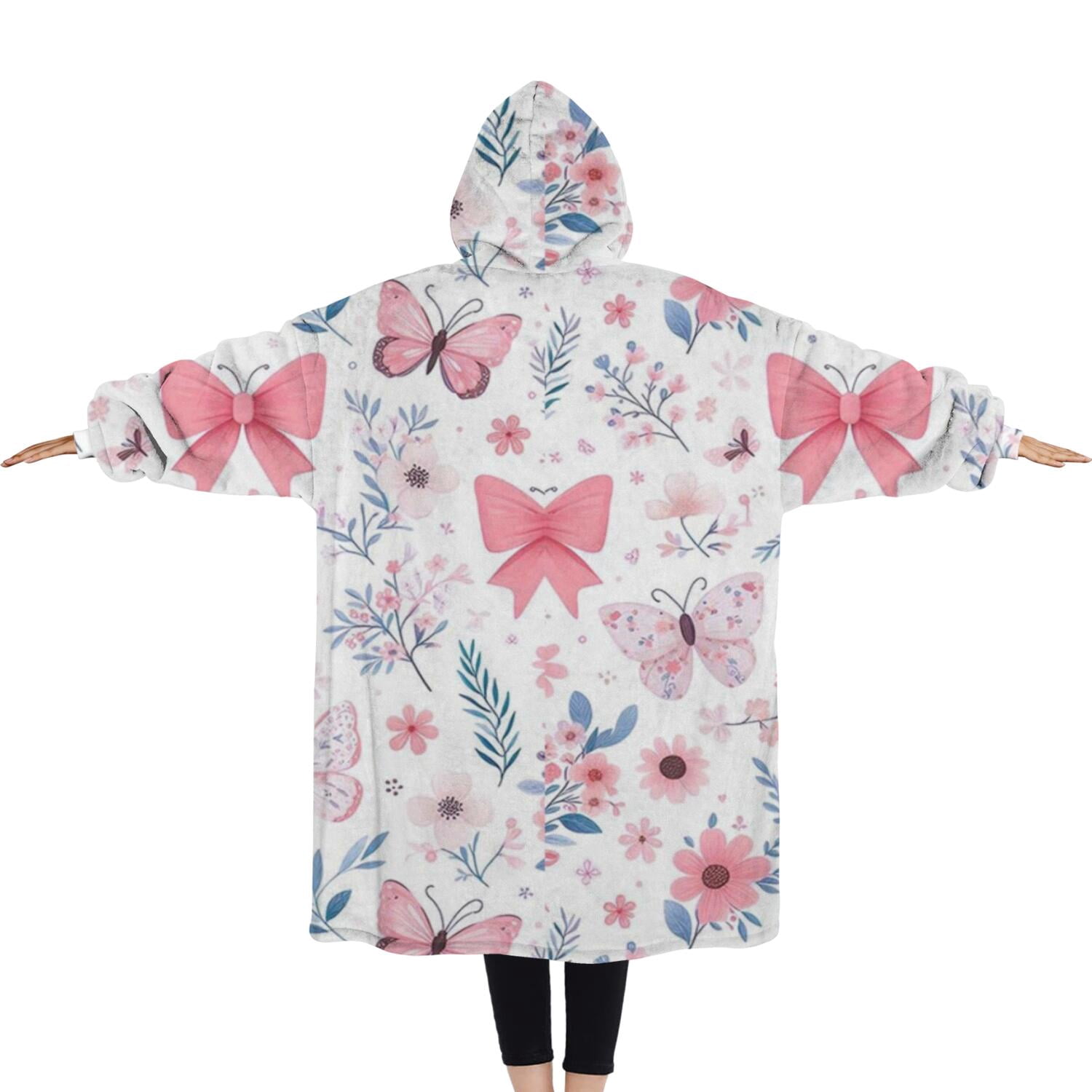 Oversized Wearable Blanket Hoodie,Pink Butterfly Star Floral Peach Pattern Sherpa Blanket Hoodie with Super Pockets,Super Warm Fuzzy Pullover for Women & Men