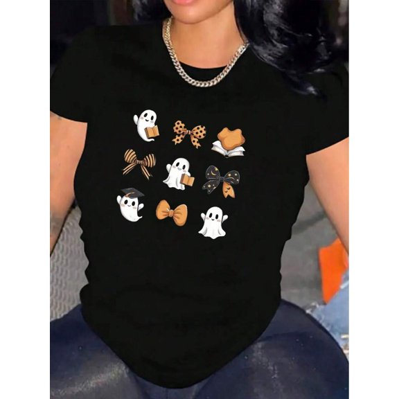 Women Halloween Casual Short Sleeve Tee,Comfortable Crew Neck, Adorable Halloween Tops