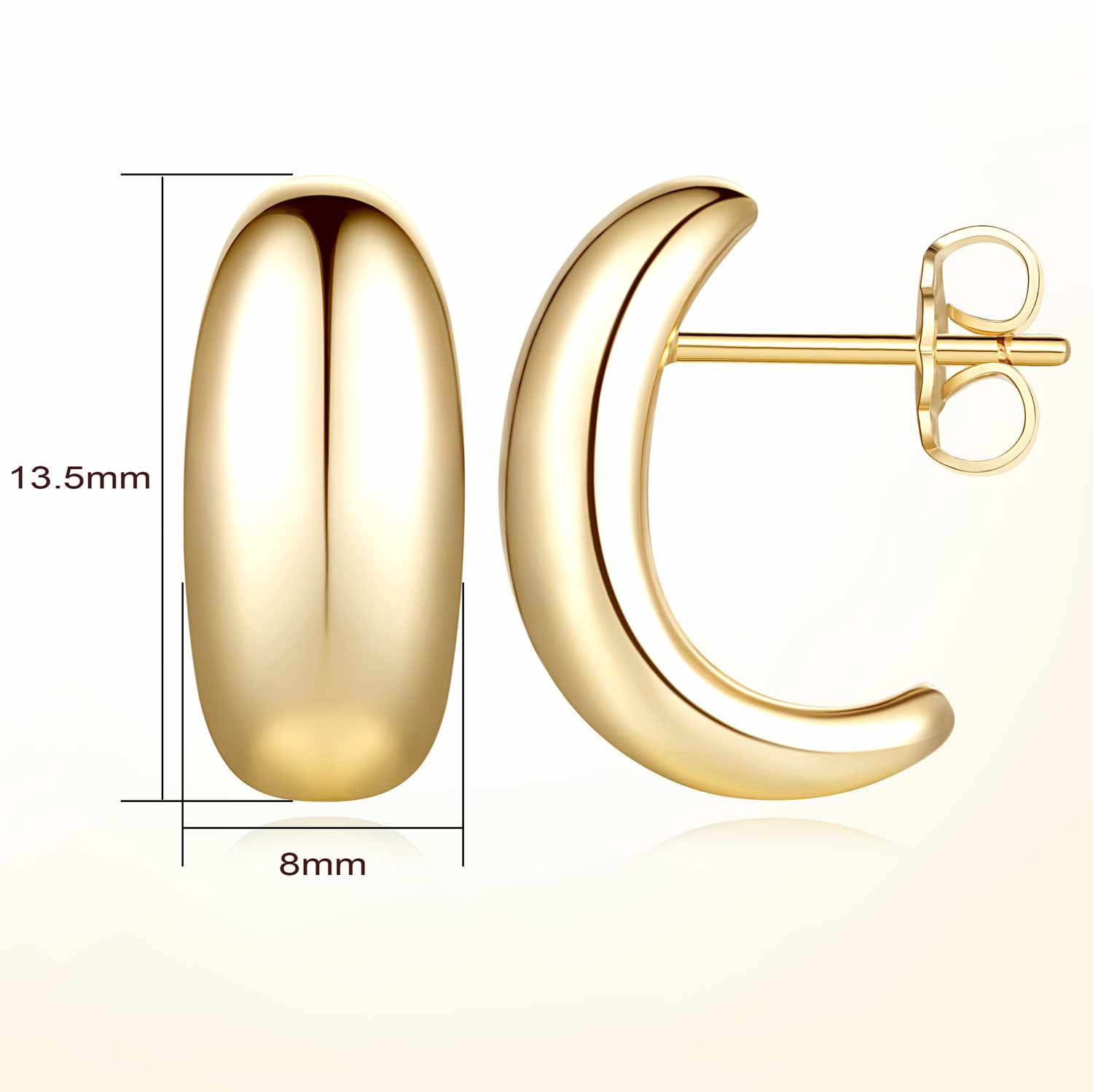 14K Gold Hoop Stud Earrings for Women Thick Gold Stud Earings 13.5mm Glossy Half Hoops 14K Gold Plated Stud Earrings for Women
