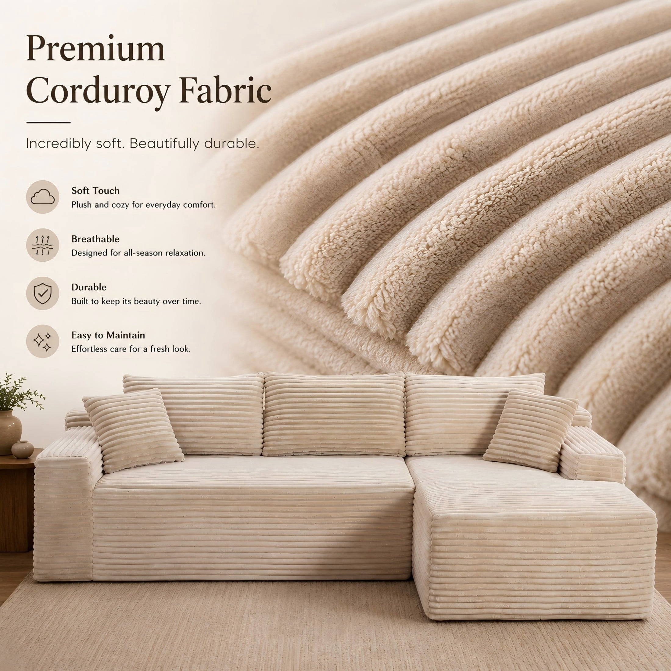 Aukfa 107" Cloud Modular Sectional Couch with Right-Facing Chaise, Corduroy Deep Seat Boneless Sofa for Living Room, Apartment, Camel