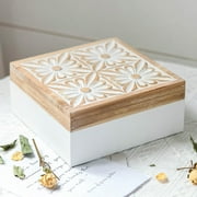 Synovana Small Wooden Decorative Box with Hinged Lid Keepsake Storage Box Carved Flower Handmade Jewelry Box Rustic Trinket Table Organizer Box - 7.1 x 7.1 x 3.2 Inches