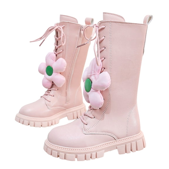 Girls Tall Combat Boots Flower Decor Lace up Zipper Retro Leather Mid Calf Riding Booties Platform Chunky Heel Knee High Boots Pink 2 Big Kids