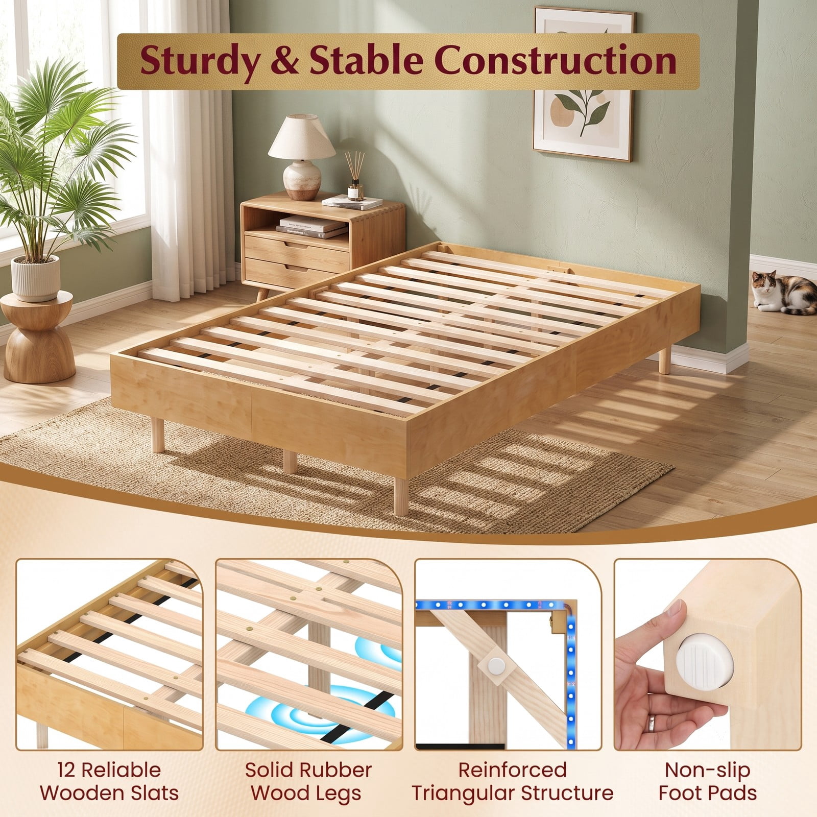 Furnibear Twin Size Floating Wood Platform Bed Frame with RGB LED Lights and Remote Control for Bedroom, No Box Spring Needed, Natural
