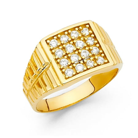 Mens Solid 14k Yellow Gold Ring CZ Engagement Band Designer Style Pave Set Polished