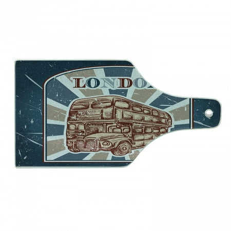 

Vintage Cutting Board Emblem with English Bus on Grunge Background Retro Hand Drawn Sketchy Art Decorative Tempered Glass Cutting and Serving Board Wine Bottle Shape Blue Red Beige by Ambesonne