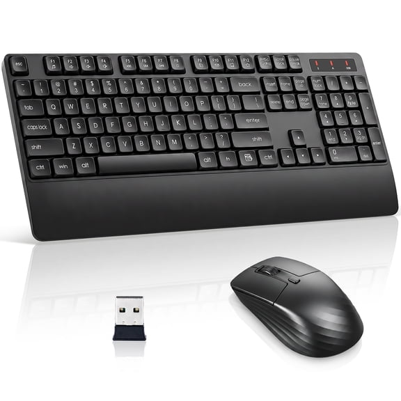 LEXVARO Wireless Keyboard and Mouse Combo, Ergonomic Full-Sized 2.4GHz with Comfortable Palm Rest Compatible with PC, Laptop, Black