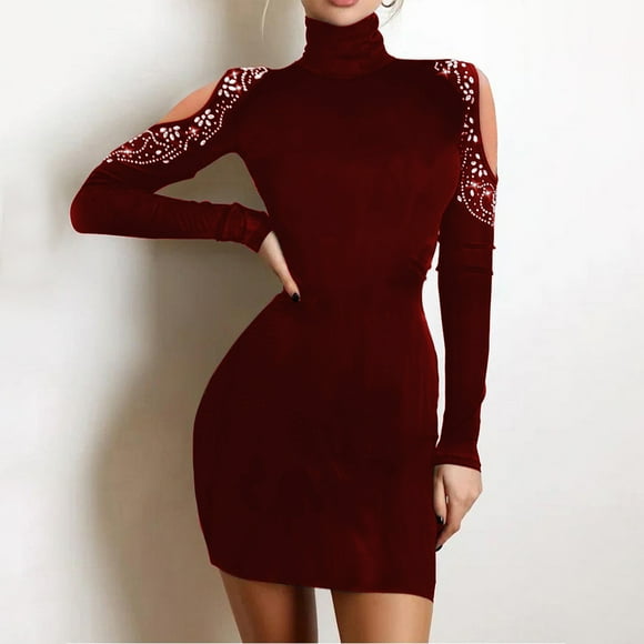 Womens Dresses Clearance Plus Size Trendy Women Stylish Casual Rhinestone Solid Turtleneck Long Sleeve Mini Dress Red M JE