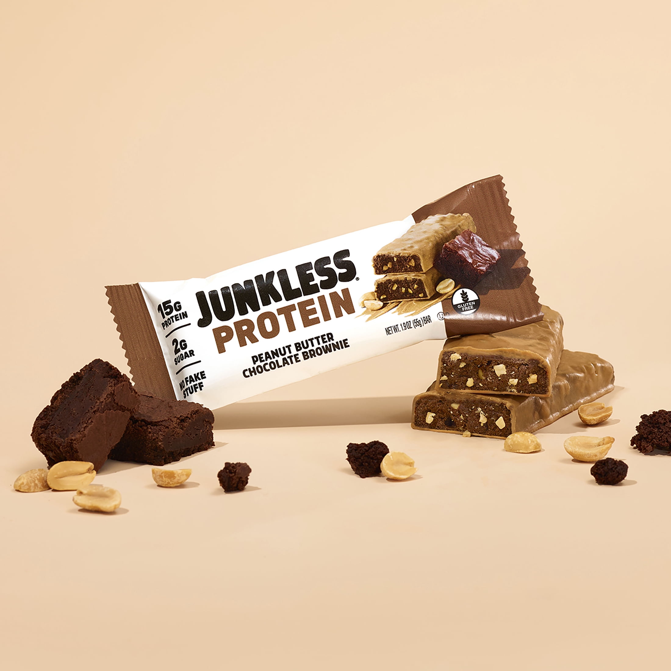 JUNKLESS Peanut Butter Chocolate Brownie Protein Bar, 15 g Protein, High Fiber, Gluten Free, 1.9 oz, 4 Count