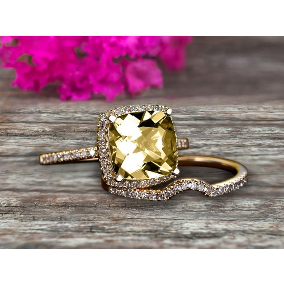 2.55 Carat 7mm Cushion Cut Champagne Diamond Moissanite Engagement Ring Anniversary Gift With Matching Band On 10k Rose Gold Halo Design