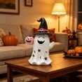 thumbnail image 5 of Star Moon Hollow Resin Ghost Statue Holding Pink Pumpkin Lantern, Halloween Cute Witch Hat Ghost Figurine, Warm Glow Pastel Halloween Tabletop Decor, 5 of 6