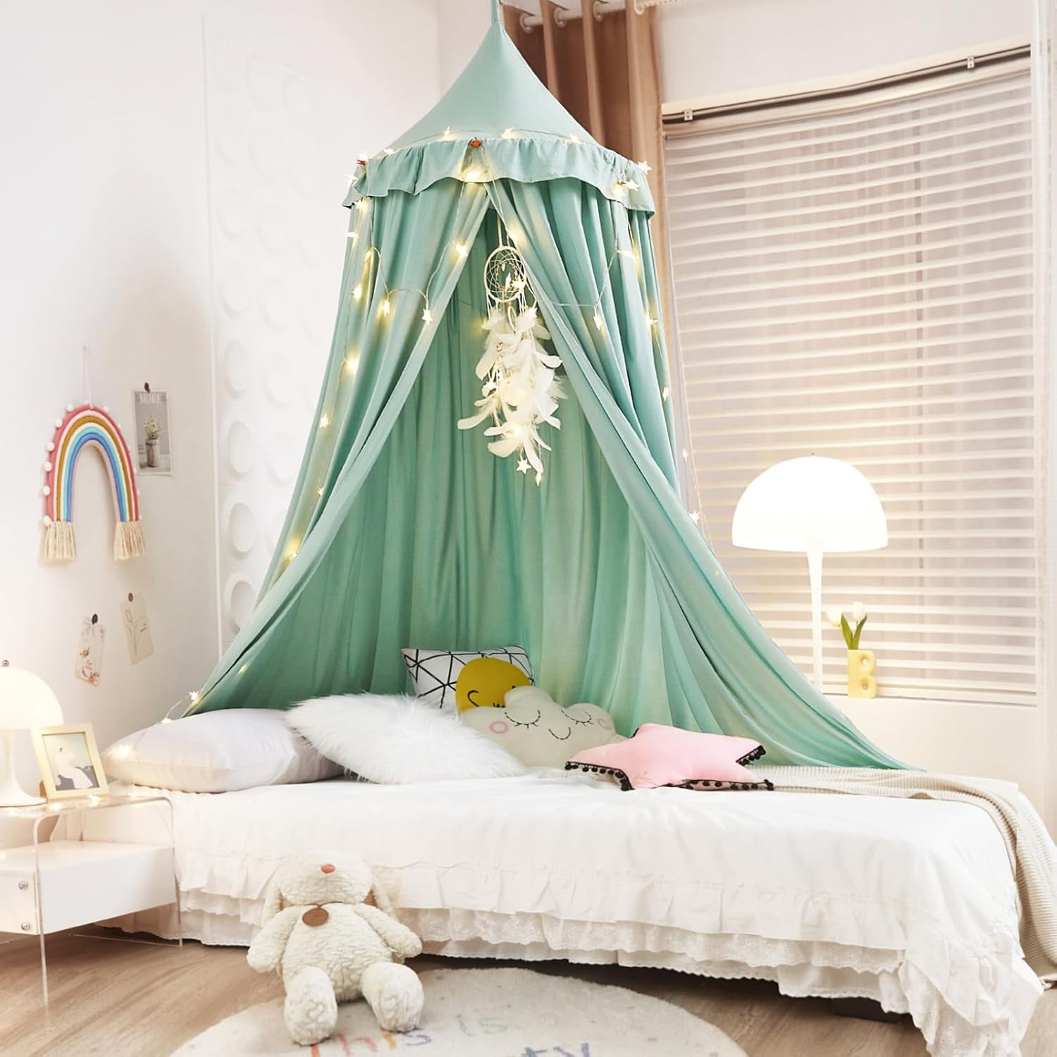 Decor Canopy for Kids Bed, Soft Smooth Playing Tent Canopy Girls Room Decoration Princess Castle, Dreamy Mosquito Net Bedding, Children Reading Nook Canopies in Home (Green)