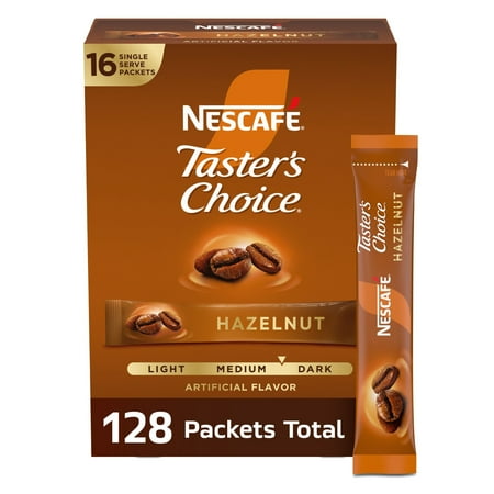 Nescafe Taster's Choice, Hazelnut Flavored Instant Coffee, Medium Dark Roast, 8 Boxes (128 Packets)