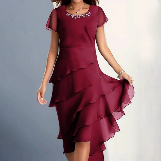 Puntoco Vestido De Cuello Redondo De Manga Corta De Gasa Empalmado De Color Sólido De Moda De Mujer Burdeos Xxxl,Regalos Para Mujer Joven