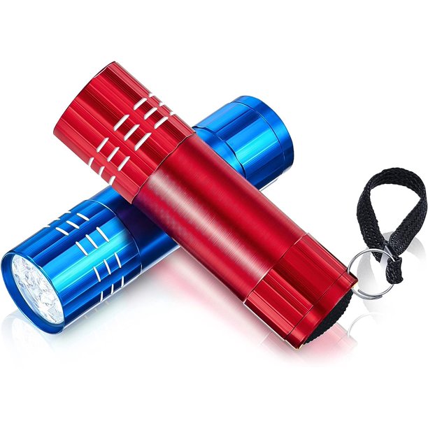 Mini linterna de bolsillo de 2 piezas, pequeña linterna de mano con cordón para acampar, caminar y actividades al aire libre con baterías y tarjeta de aislamiento (azul, roja) (baterías no incluidas)