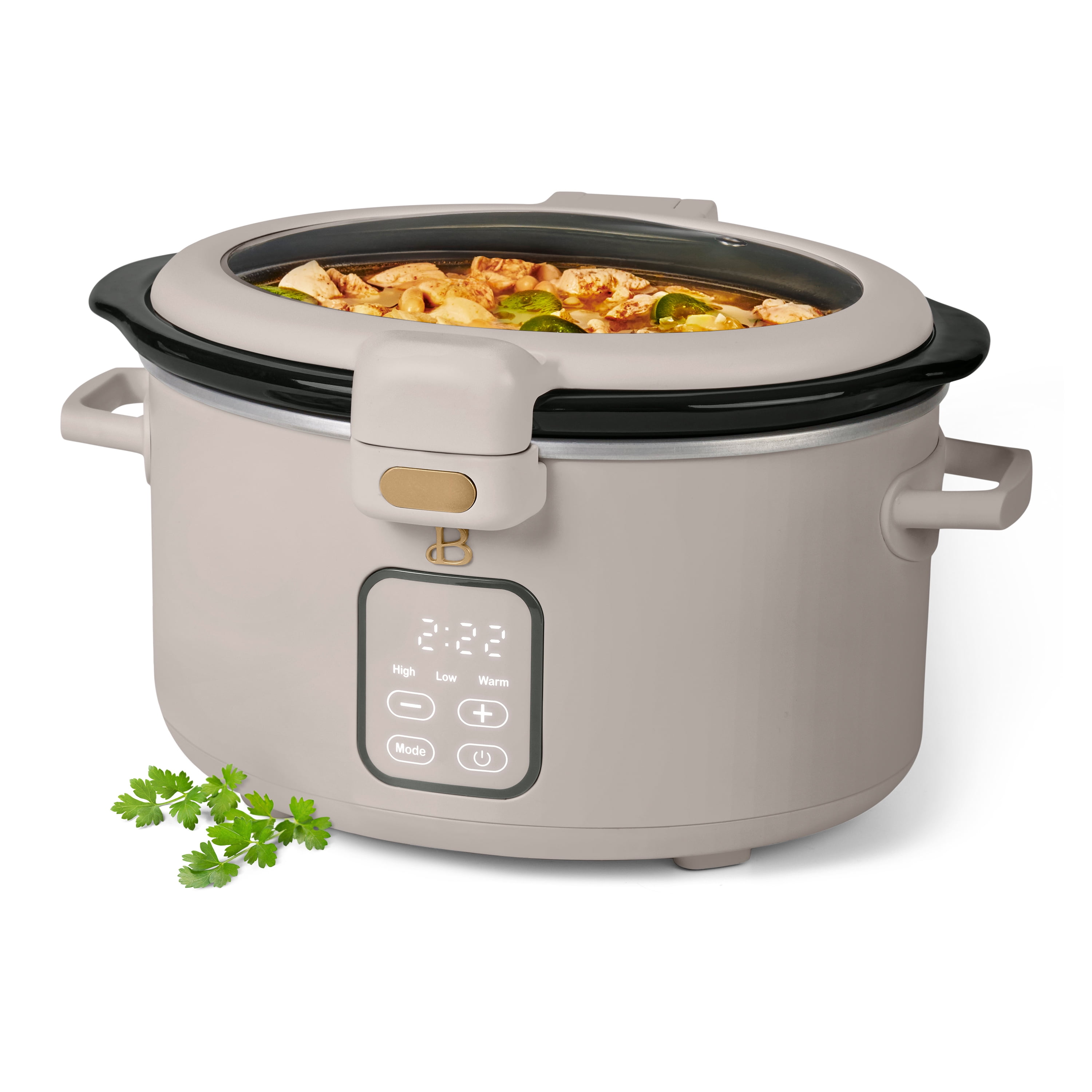 Beautiful 4 Qt Digital Slow Cooker with Hinged Locking Lid, Porcini Taupe by Drew Barrymore
