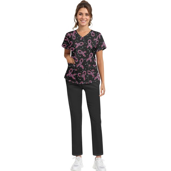 Plus Size Women's Printed Scrub Set - Cross V-Neck Short Sleeve Top with Pockets, Animal & Floral Medical Uniform for Nurses, Fun Workwear T-Shirt and Pants Set Black L