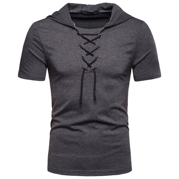 Kakii Mens Casual Cotton Lace Up T-Shirts Retro V-Neck Hoodie Short Sleeve Outdoor Sports Hooded Pullover Tee