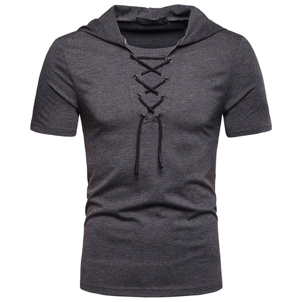 Ceisia Men's Slim Fit Short Sleeve Hooded Top Ribbed Texture Lace-Up Design Spring Summer Shirt Gift