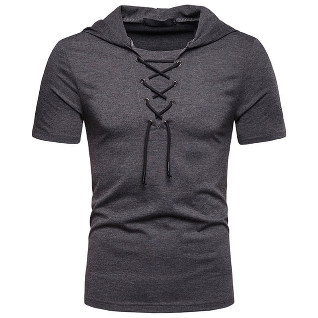 Ceisia Men's Slim Fit Short Sleeve Hooded Top Ribbed Texture Lace-Up Design Spring Summer Shirt Gift