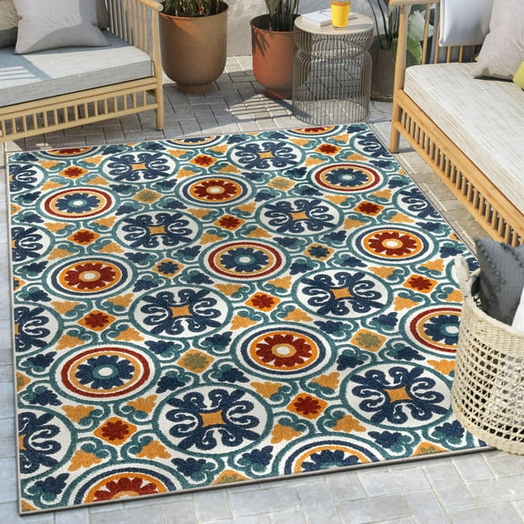 Well Woven Audun Blue Southwestern Geometric Indoor/Outdoor High-Low Pile Area Rug 3'11" x 5'3"