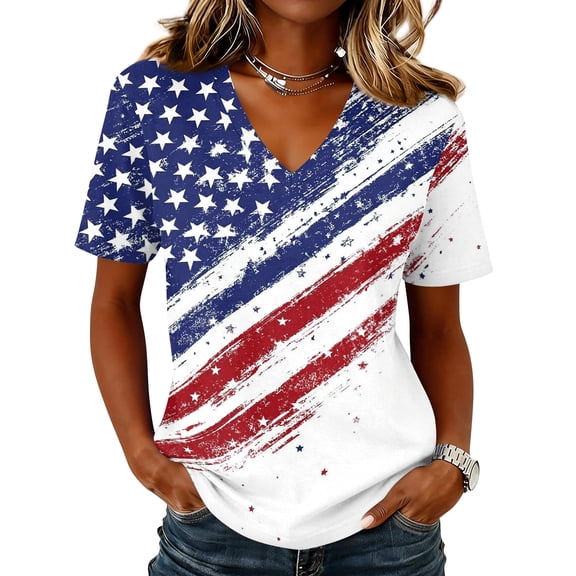 Dweltoz Women's T-Shirt with 250th Anniversary 1776-2026 4th July Patriotic Tops V-Neck Short-Sleeved Usa Flag Independence Day Tee,Sky Blue XL