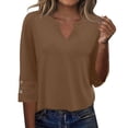 thumbnail image 3 of Craaazy Women Casual Tops Loose Fit Solid Color V Neck Lace Trim 3/4 Sleeve Blouses for Fall Gift, 3 of 9