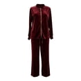 thumbnail image 4 of Women Velvet 2‑Piece Outfit Full Zip Stand Collar Jacket Drawstring Waist Wide Leg Pants Velour Loungewear Pant Suit Solid Color Fall Winter Tracksuit, 4 of 5
