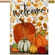 Fall Pumpkin Large House Flag Double Sided, Maple Leaf Pumpkin Flag for Autumn Halloween Farmhouse Holiday Yard Outdoor Decoration