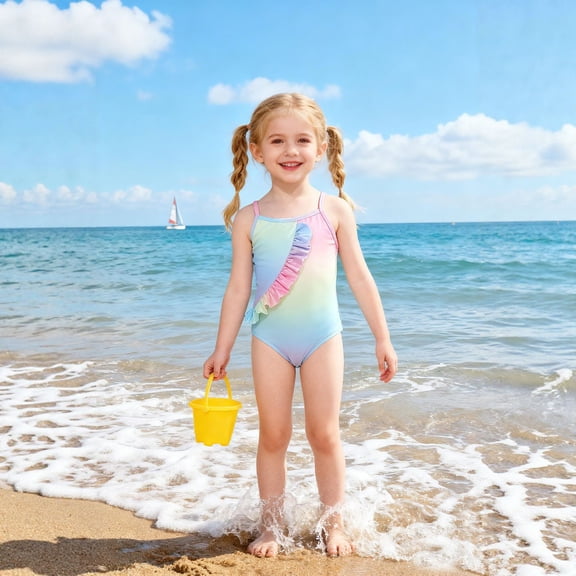 Girls Swimsuit One-Piece Bathing Suits Kids Sport Summer Beach Ruffle Swimwear